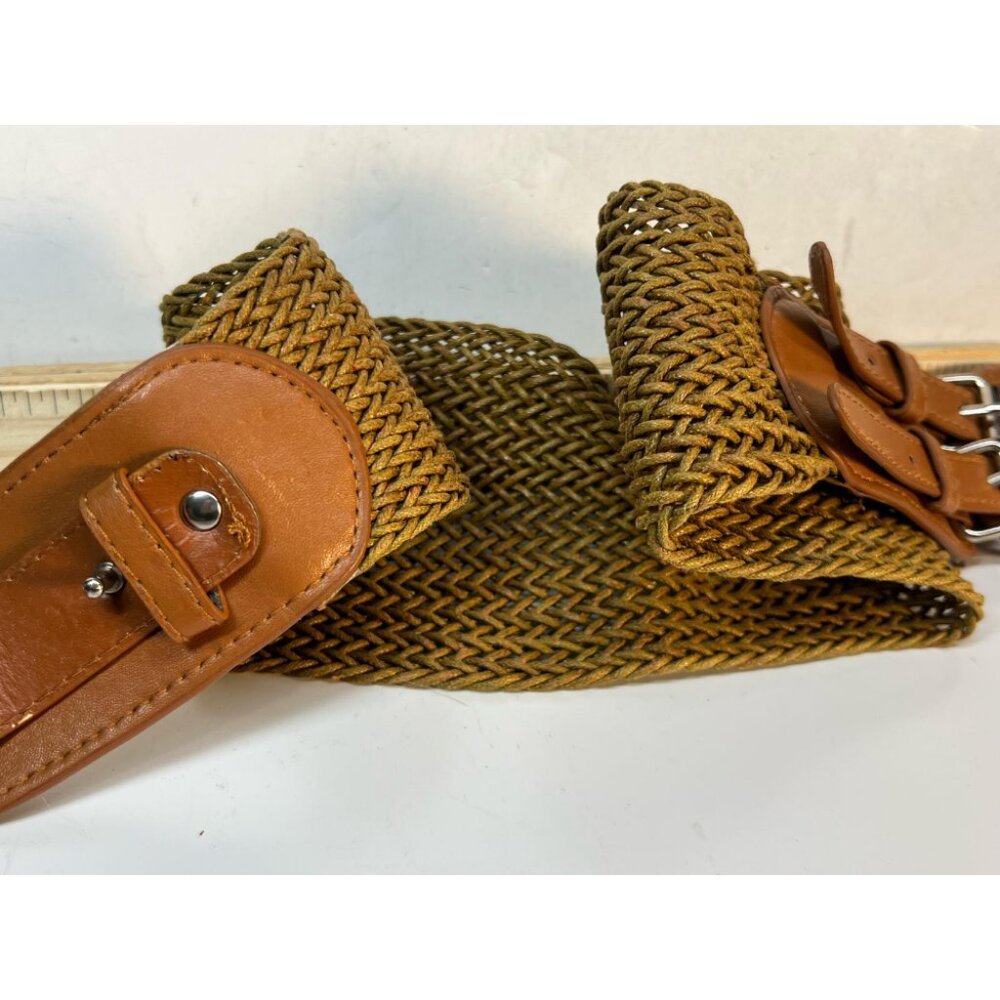 Women’s Woven Straw Belt Brown Leather Round Buckle Boho Adjustable Fit - Picture 1 of 3